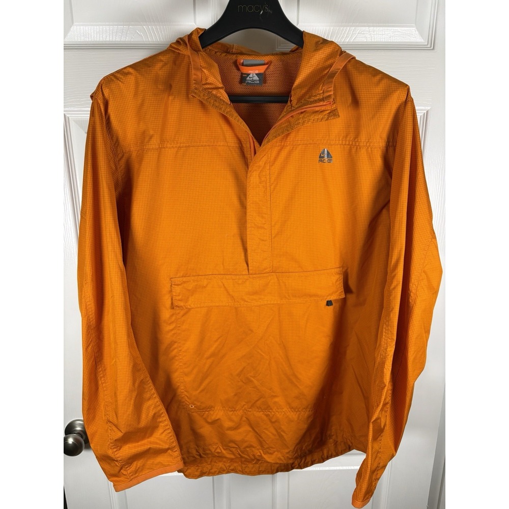Nike ACG Anorak Jacket Mens L Large Orange Grid Ripstop Packable Half Zip Hooded